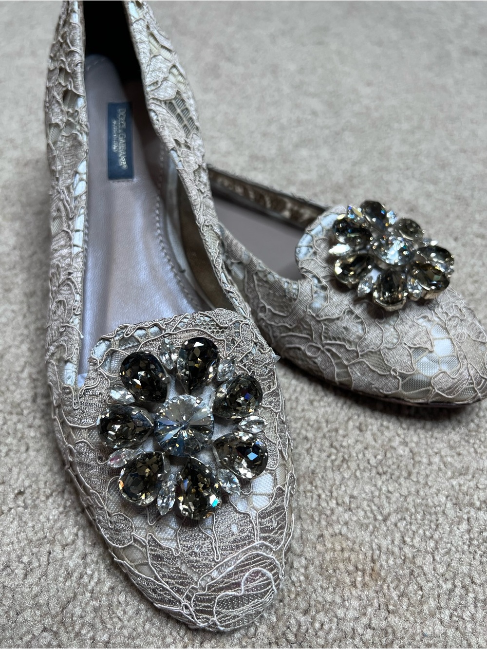 Dolce & Gabbana Beige Lace Ballet Flats with Crystal Brooch